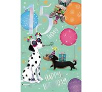 Carte Blanche 15th Birthday Card for Girls - Party Dogs Design - Foil Finish - Age 15 Birthday Greeting Card