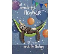 Carte Blanche Birthday Card for Nephew - Party Sloth Design - Foil Finish - Animal Birthday Greeting Card for a Wonderful Nephew - For Him