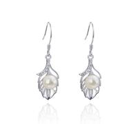 Cartilage Earring, Silver Earrings Dangle Pearl and Cubic Zirconia on the Hollow Out Leaves for Women Valentines Day Jewelry Upgrade