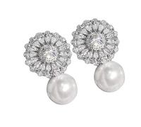 Cartilage Earrings Delicate Flower Zircon Imitation Pearl Earrings For Women Huggie Hoop (Silver, One Size)