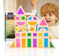 Cartlant 25Pcs Wooden Sensory Blocks, Rainbow Building Acrylic Stacking Toy Coloured See Through Bricks, Clear Transparent Translucent Shapes Plastic Block for Kids Childrens Baby Autism Set