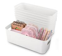 Cartlant 6 Pack Small Storage Baskets, Narrow Plastic Bathroom Storage Box Long White Containers with Handle, Cupboard Cabinet Organiser Deep Trays for Kitchen Shelves Drawers, 27.5×10.5×9.5cm