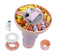 Cartlant Stanley Snack Tray with Lid, Reusable Snack Bowl with Boot, Straw Cover, 4 Compartments for Travel Cup 40 oz, Silicone Food Plate Holder Movie Night for Stanley Cup Accessories(Pink)