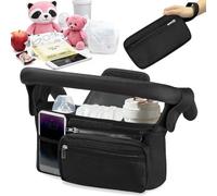 Cartlant Universal Pram Organiser Bag with 2 Insulated Cup Holder, Baby Buggy Stroller Caddy Tidy with Detachable Phone Compartment and Shoulder Strap, Pushchair Handle Bags Accessories (Black)