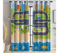 Cartoon 100% Blackout Curtains 2 Panels City Map Building Blackout Curtains for Living Room Bedroom Grommet Thermal Insulated Noise Reducing Room Darkening Window Drapes, W 55" x L 102"