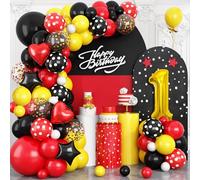 Cartoon 1st Birthday Party Decorations, Red Yellow Black Balloons Arch Kit, Gold Number 1 Balloon with Star Heart Foil Balloon for Kids Boys First Year Old Themed Birthday Supplies