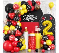 Cartoon 2nd Birthday Party Decorations, Red Yellow Black Balloons Arch Kit, Gold Number 2 Balloon with Star Heart Foil Balloon for Kids Boys 2nd Themed Birthday Baby Shower Supplies