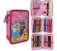 CARTOON 3 Zip Pencil Case for School Complete 44 Pieces Stationery Pen Papermate Markers Giotto Accessory for Kids and Teens, Princesses, Pencil Cases