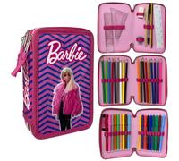 CARTOON 3 Zip Pencil Case for School Complete 44 Pieces Stationery Pen Papermate Markers Giotto Accessory for Kids and Teens, Barbie, Pencil Cases