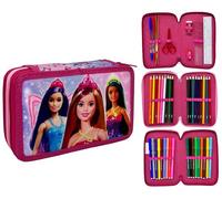CARTOON 3 Zip Triple Pencil Case for Barbie Fans, Complete 44 Pieces for School Multicompartment Pens Pencils Colours Markers Giotto
