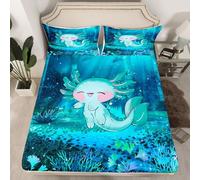 Cartoon 3D Print Axolotl Bed Sheet Double Size,Cute Ocean Animal Fitted Sheet for Kids Teens Adults Bedroom Decor,Undersea World Plant Bed Cover 3pcs,2 Pillowcases,No Top Sheet