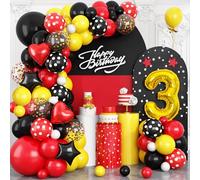 Cartoon 3rd Birthday Party Decorations, Red Yellow Black Balloons Arch Kit, Gold Number 3 Balloon with Star Heart Foil Balloon for Kids Boys 3rd Themed Birthday Baby Shower Supplies