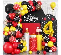 Cartoon 4th Birthday Party Decorations, Red Yellow Black Balloons Arch Kit, Gold Number 4 Balloon with Star Heart Foil Balloon for Kids Boys 4th Themed Birthday Baby Shower Supplies