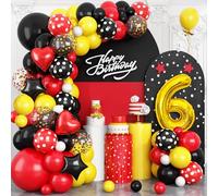 Cartoon 6th Birthday Party Decorations, Red Yellow Black Balloons Arch Kit, Gold Number 6 Balloon with Star Heart Foil Balloon for Kids Boys 6th Themed Birthday Baby Shower Supplies