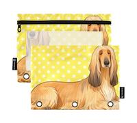 Cartoon Afghan Hound Dog Yellow Polka Dots Binder Pen with Clear Window Binder Pencil case Clear Window & Grommets Pockets 3 Hole Punched for School, Office & Home Multicolored 2 PCS