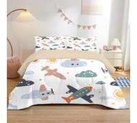 Cartoon Aircraft Single Duvet Kids - Reversible Coverless Duvet 2 Piece - Duvet 7.5 Tog with Cloud Prints Pattern - Lightweight Hypoallergenic and Washable Comforter - Single 135x200cm - Colorful