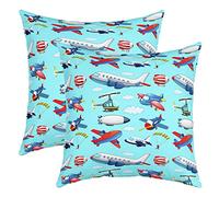Cartoon Aircraft Throw Pillow Covers 18"x18" Set of 2 Soft Airplane Print Cushion Covers for for Sofa Aircraft Flying Helicopter Plane Light Blue Decorative Pillowcases Outdoor Pillows Covers
