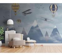 Cartoon Airplane Hot Air Balloon Mountain Peaks Flying Birds Modern 3D Wallpaper Premium Textured Silk Neutral Tones Material Ideal for Living Room Bedroom-200cm×140cm
