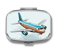 Cartoon Airplane Pill Box 2 Compartment, Portable Pill Case with Mirror for Pocket Purse Travel, Mini Metal Medicine Organizer for Vitamins Fish Oil