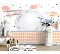 Cartoon Airplanes Stars Clouds Planet Modern 3D Wallpaper Premium Textured Silk Neutral Tones Material Ideal for Living Room Bedroom-250cm×170cm