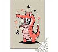 Cartoon Alligator Eating Skeleton Thumbs Up Adult 1000-Piece Jigsaw Puzzle, 38x26cm/1000pcs, Shared Family Time Around The Table; Clean White Cardboard for Sorting