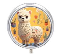 Cartoon Alpaca Cute Animal Pill Box Travel Pill Case for Purse Pocket | Weekly Medicine Organizer with Mirror 3 Compartment Round Medicine Case Portable Pill Case Holder for Daily