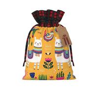 Cartoon Alpaca Cute Animal Print Plaid Burlap Bag With Drawstring Christmas Burlap Pouches For Birthday Party Favors Gift