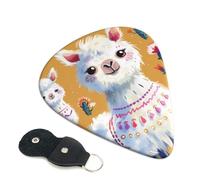 Cartoon Alpaca Cute Animal Printed Guitar Picks, 6 Pack with Leather Keychain Pick Holder - 0.46mm, 0.71mm, 0.96mm Assorted Thickness for Acoustic Ukulele, Electric Guitar, Acoustic Guitar, Bass