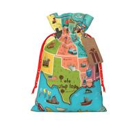 Cartoon American Map Printed Christmas Drawstring Bags Reusable Bag for Party Xmas Gift Wrapping, Red Ribbon, M