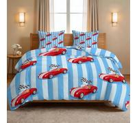 Cartoon American Style Duvet, Coverless Duvet Queen 7.5 Tog, Reversible Comforter Sets with 2 Pillowcases, Racing Car Stripe Checkered Flag - Washable Lightweight Warm Quilt 230 x 220 cm, All Season