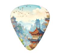 Cartoon-Ancient-Pagodas 12 Pack Guitar Picks With 3 Thicknesses And Storage Box, Abs Plectrums For Electric Bass Guitar Players
