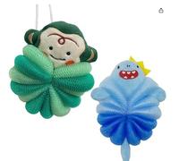 Cartoon Animal Bath Sponges for Kids - Soft Mesh Loofah 2-Pack with Hanging Loop Featuring Cute Monkey and Shark Design, Gentle Exfoliating Body Puff for Toddler Baby Shower Fun (Monkey & Shark)