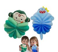 Cartoon Animal Bath Sponges for Kids - Soft Mesh Shower Puff Set, Gentle Cleansing & Exfoliating Body Scrubber with Hanging Loop, Green Monkey & Blue Shark Design, Spiral Flower Shape, (Shark)
