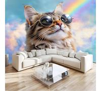 Cartoon Animal Cat Rainbow Sunglasses Wall Mural 400 x 280 cm Sky Blue, Large Non-Woven Photo Wallpaper for Living Room Bedroom & Office, Modern HD Feature Wall Art, Easy to Install Decor