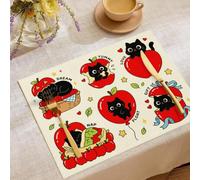 Cartoon animal cats Placemats Set of 6,Cat and Red Apple Mats Washable Kitchen Dining Spring Summer bright red Linen Table Mats Stain Heat-Resistant for Home Party Indoor 12x18 in