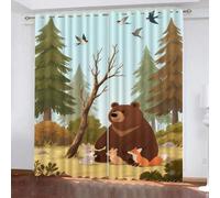 Cartoon Animal Curtains, Forest Blackout Curtains, Kawaii Brown Bear Grommet Darkening Window Curtain W264xL160cm 2 Panel Set, Wild Animals Kids Bedroom Drapes, Window Treatments Living Room Decor