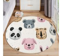 Cartoon Animal Faces Round Rug 60 Cm Washable, White Non-Slip Circle Rug, Zoo Theme Decorative Carpet, Soft Low Pile Bedside Carpet Decor, Living Room Bedroom Kitchen Nursery