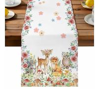 Cartoon Animal Rose Table Runner, Cute Deer Fox Squirrel Owl Flower Mushroom Flower Cotton and Table Linen Runner for Kitchen Dining Home Decor for Party Festival Holiday Decoration Gift 18x72in