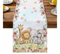 Cartoon Animal Rose Table Runner, Cute Lion Elephant Giraffe Zebra Flower Mushroom Cotton and Table Linen Runner for Kitchen Dining Home Decor for Party Festival Holiday Decoration Gift 13x36in