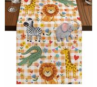 Cartoon Animal Table Runner, Cute Lion Elephant Giraffe Zebra Crocodile Orange Plaid Cotton and Table Linen Runner for Kitchen Dining Home Decor for Party Festival Holiday Decoration Gift 13x90in