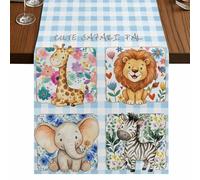 Cartoon Animal Table Runner, Cute Lion Elephant Giraffe Zebra Flower Blue Plaid Cotton and Table Linen Runner for Kitchen Dining Home Decor for Party Festival Holiday Decoration Gift 13x60in