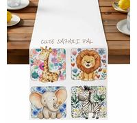Cartoon Animal Table Runner, Cute Lion Elephant Giraffe Zebra Flower Leaf Cotton and Table Linen Runner for Kitchen Dining Home Decor for Party Festival Holiday Decoration Gift 13x36in
