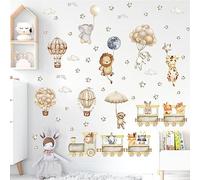 Cartoon Animal Wall Decals Cute Train Animal Wall Stickers Hot Air Balloon Wall Stickers Stars Moon Cloud Wall Decals Flying Animal Wall Stickers for Nursery Kids Bedroom Decor