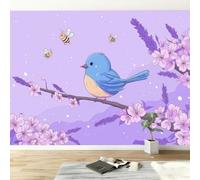 Cartoon Animals Bird Branch Flowers Modern Panoramic Wall Mural, Purple High-Resolution Non-Woven Wallpaper 350W x 256H cm - Oversized 3D Visual Art Poster for Kids Room, Bedroom & Corridor