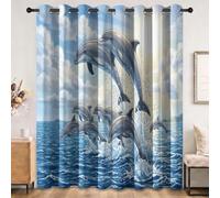 Cartoon Animals Blackout Curtain, Blue 2 Panels Drapes Eyelet Thermal Insulated Curtain, Ocean Dolphin Sun Print Darkening Curtains for Kids Living Room Bedroom 46 x 54 Inch