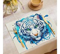 Cartoon Animals Cotton Linen Placemats Set of 4,Graffiti White Tiger Washable Rectangular Table Placemats 30 x 45 cm Blue White Cotton Linen Plate Mats for Kitchen & Dining Table,