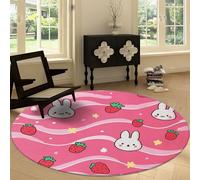 Cartoon Animals Cute Rabbit Strawberry Washable Round Carpet 180 cm, Pink Bedroom Circular Non-slip Rug - Print Decor Short Pile Carpet Non-Shedding for Living Room Kitchen Office Playroom