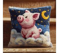 Cartoon Animals DIY Latch Hook Pillow Kits for Adults,Pink Pig Under The Starry Sky,Beginner Cushion Cover Latch Hook Kit,Creative Craft for Family Home Decor,17x17in