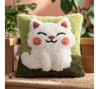 Cartoon Animals DIY Latch Hook Pillow Kits for Adults,White Kitten on The Grass,Beginner Cushion Cover Latch Hook Kit,Creative Craft for Family Home Decor,17x17in