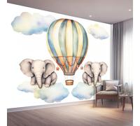 Cartoon Animals Elephant Hot Air Balloon Photo Mural Wallpaper Grey Photo Wallpaper 3D Effect, 400 x 280 cm Non-Woven Wall Mural Home Bedroom Living Room Tv Background Poster Decoration